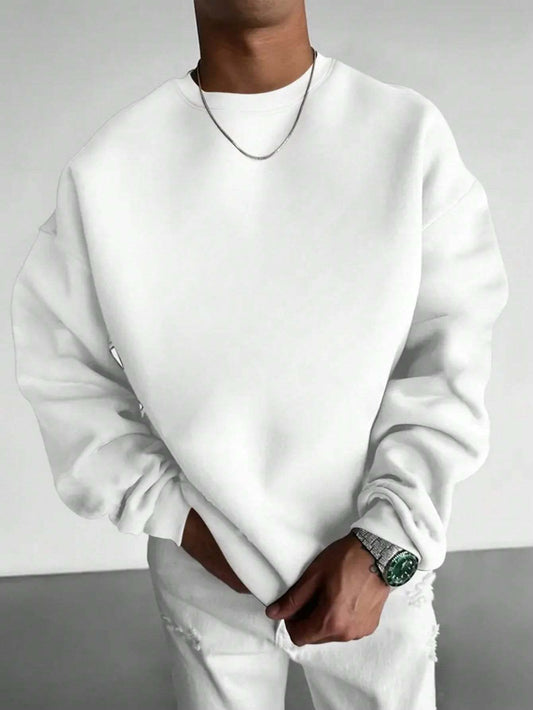 Herren Sweatshirt mit Rundhalsausschnitt – Lockerer Langarm-Pullover, Weicher Alltags-Sweater für Herbst/Winter, Weißes Basic für die Garderobe, Herbst-Winter-Bekleidung, Bequeme Kleidung