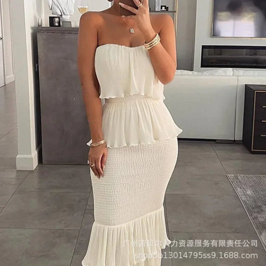 Fashion Summer Womens Dresses 2023 New Tube Top Pleated Ruffled Dress for Women