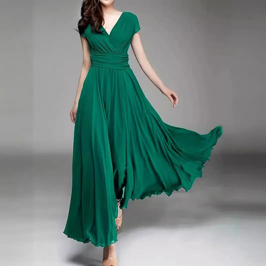 Women's Short-Sleeved Chiffon Evening Dress, Female Party Dress, Monochromatic, Bohemian, Long, Elegant, New, 2022