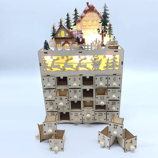 Weihnachts-Adventskalender aus Holz, wiederverwendbar, 24 Tage, Countdown-Dekoration, abnehmbare Schubladen, Box, Tischplatte, DIY-Countdown-Kalender