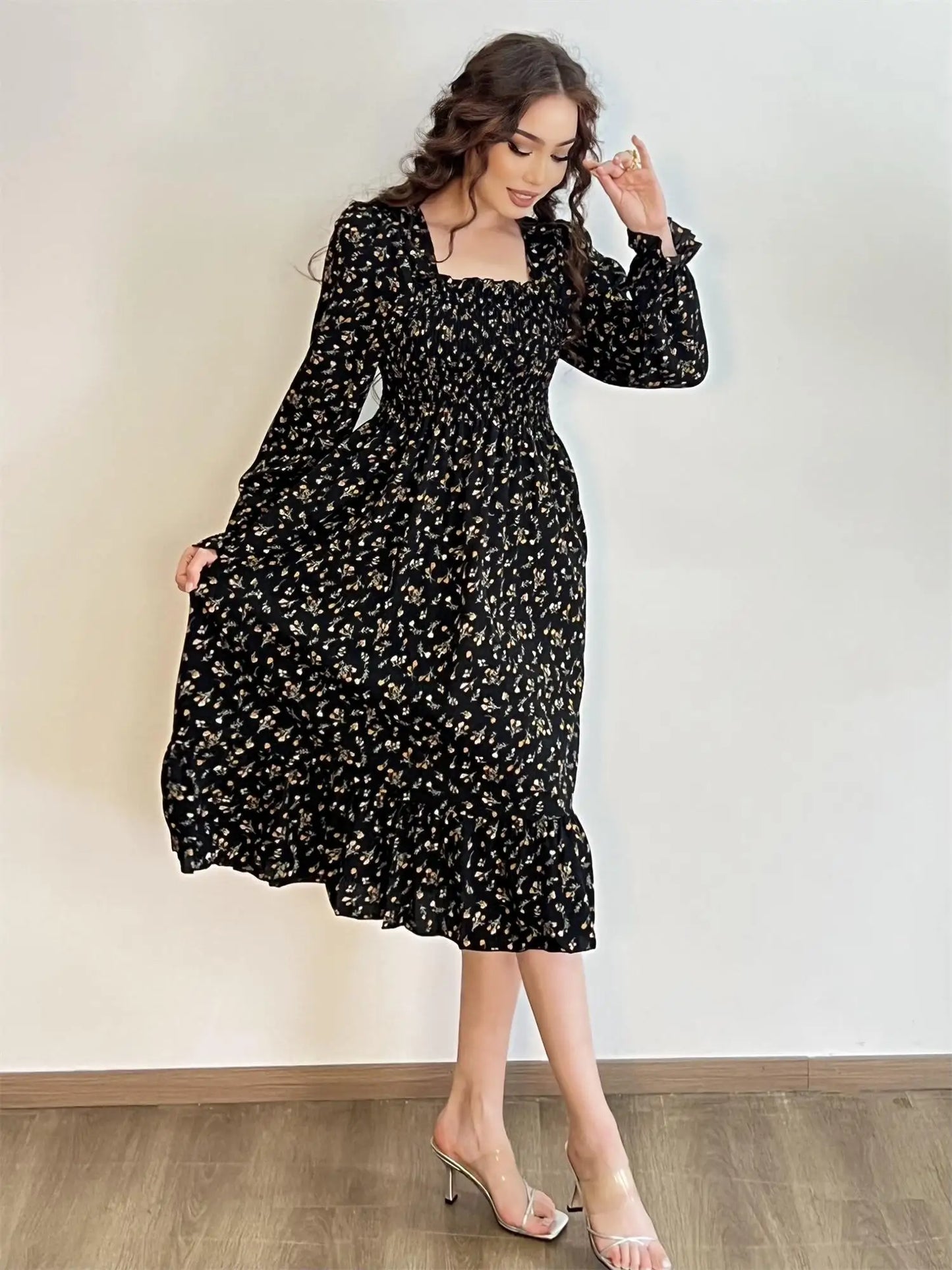 Herbst-Frühling Freizeitkleid für Damen, Chiffonkleid mit langen Ärmeln, A-Linien-Schnitt, bedruckt mit floralem Muster, elastische Brust, Schnürung, Midi-Kleid, Vestidos