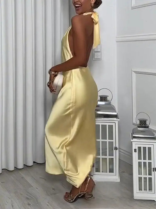 KONDALA Sexy Chic Yellow Women Dress Solid Halter Sleeveless Backless Lace-up Long Vestidos New Fashion 2025 Evening Club Dress