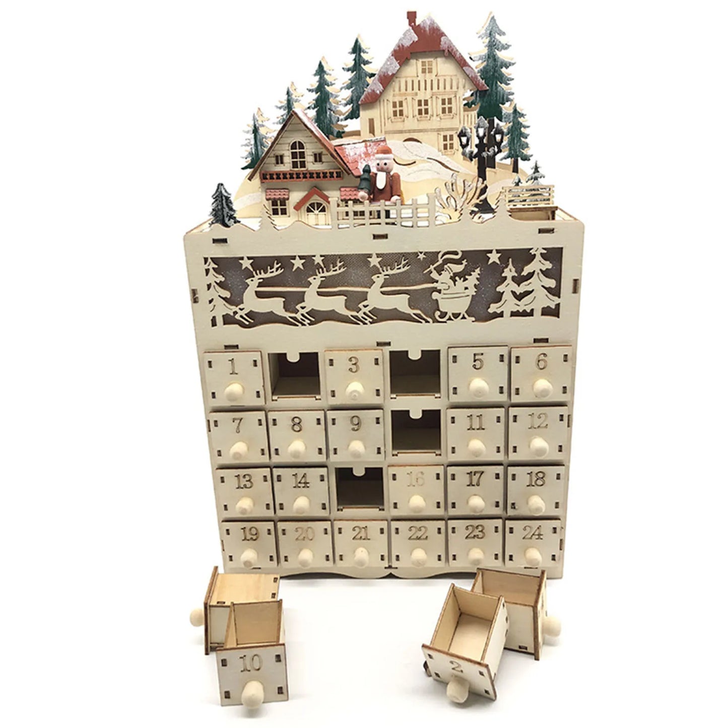 Weihnachts-Adventskalender aus Holz, wiederverwendbar, 24 Tage, Countdown-Dekoration, abnehmbare Schubladen, Box, Tischplatte, DIY-Countdown-Kalender