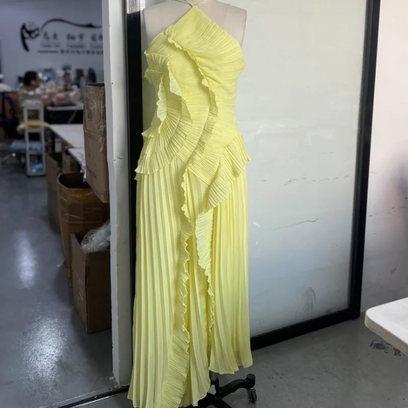 Kleid mit Trägern, unregelmäßiger langer Schnitt für Damen – Rüschen, ärmellos, hohe Taille, rückenfrei, Sommer Elegantes Party Kleid Y2K