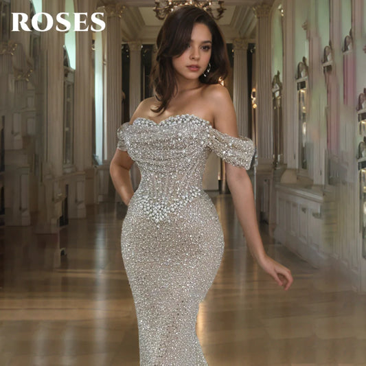ROSES Pearl Gorgeous Prom Dress Sweetheart Off the Shoulder Hollow Prom Gown with Fishbone Shiny Sequins Formal Gown Customized