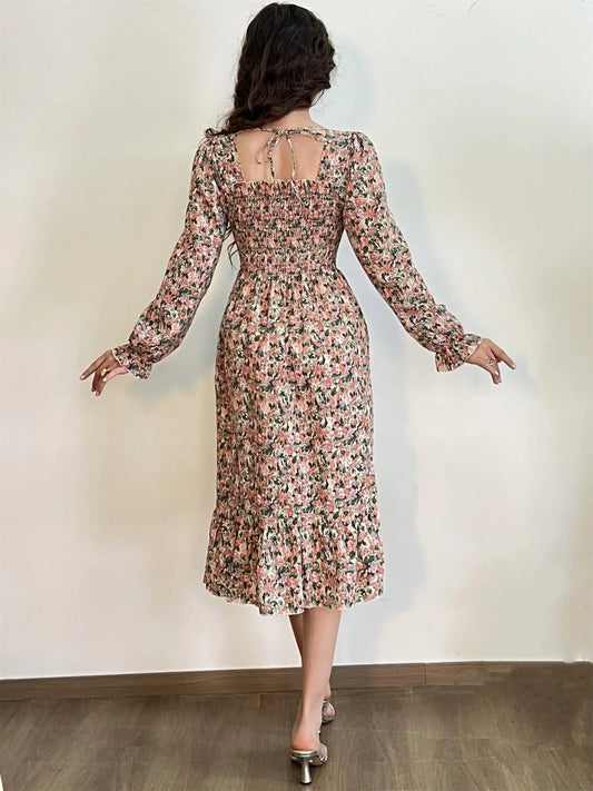 Autumn Spring Casual Dress Women Chiffon Dresses Long Sleeve A-line Printed Floral Elastic Chest Lace Up Midi Dresses Vestidos