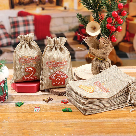Weihnachts-Adventskalender-Taschen, 24-Tage-Countdown-Set, Süßigkeitentaschen mit Kordelzug, Geschenktüten zum Aufhängen für Party und Heimdekoration
