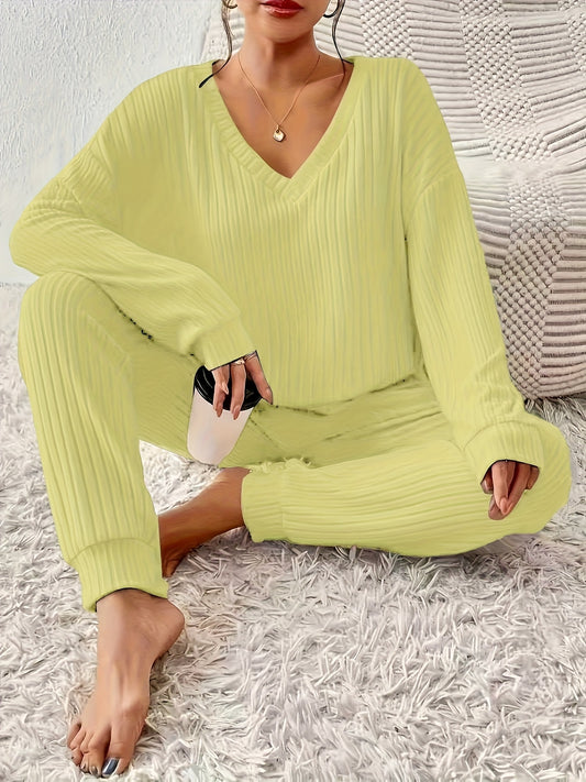 Women'S Elegant V-Neck Long Sleeve Pantsuit - Solid Color Casual to Formal Outfit, All-Season Comfort, Easy-Care, Perfect for Office, Parties, Or Casual Attire, Party Attire, Sophisticated Style, Comfortable Fit, Stylish Wome