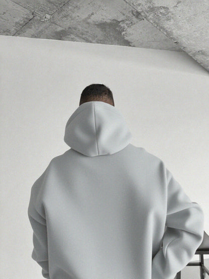 Herren Fleece Hoodie – Schwerer Winter-Kapuzenpullover mit Brusttasche, Lockerer Oversize-Fit, Warmes Dickes Material, Grau/Weiß, Maschinenwaschbar – Casual Hoodie für Kalte Tage