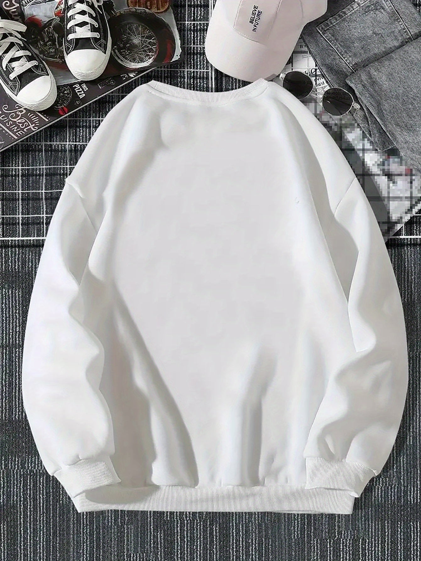 Herren Sweatshirt mit Rundhalsausschnitt – Lockerer Langarm-Pullover, Weicher Alltags-Sweater für Herbst/Winter, Weißes Basic für die Garderobe, Herbst-Winter-Bekleidung, Bequeme Kleidung