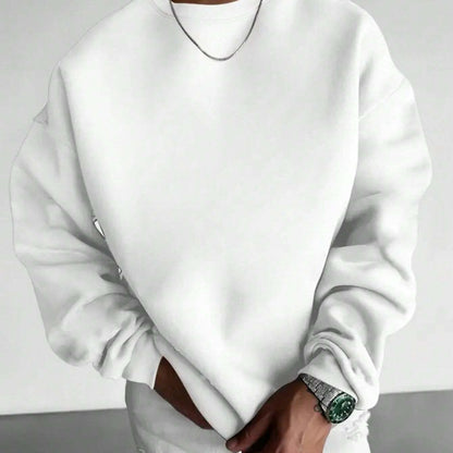 Herren Sweatshirt mit Rundhalsausschnitt – Lockerer Langarm-Pullover, Weicher Alltags-Sweater für Herbst/Winter, Weißes Basic für die Garderobe, Herbst-Winter-Bekleidung, Bequeme Kleidung