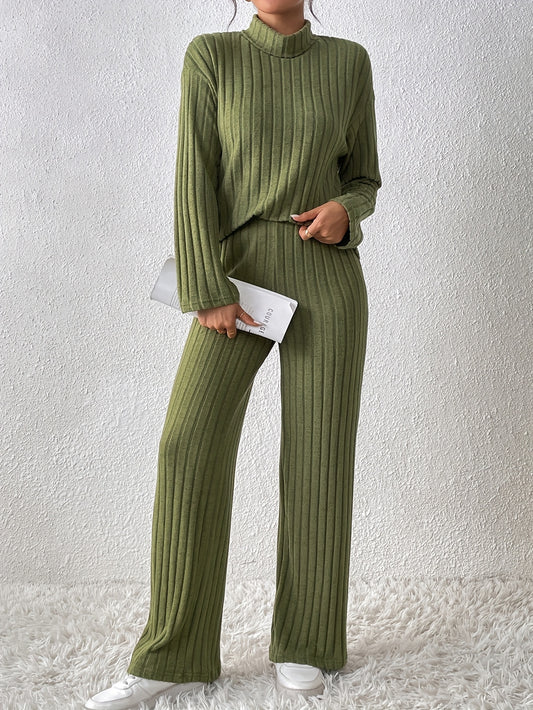 Damen Fleece Sweatshirt & Jogger Set – Weiches High-Neck Oberteil mit Rippstruktur & Locker geschnittene Straight-Leg Hose – Schwarzes Cozy Lounge Set für Herbst & Winter