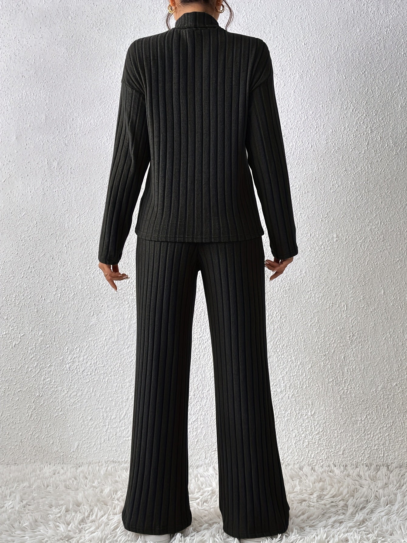 Damen Fleece Sweatshirt & Jogger Set – Weiches High-Neck Oberteil mit Rippstruktur & Locker geschnittene Straight-Leg Hose – Schwarzes Cozy Lounge Set für Herbst & Winter