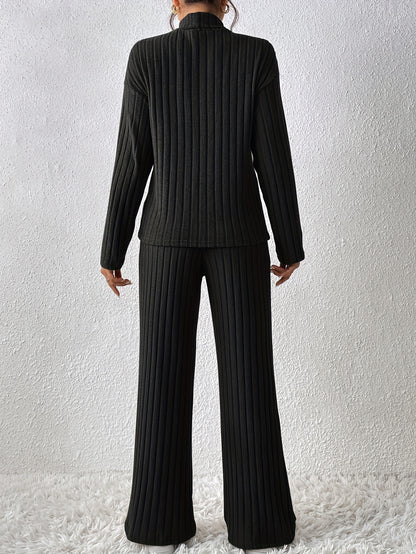 Damen Fleece Sweatshirt & Jogger Set – Weiches High-Neck Oberteil mit Rippstruktur & Locker geschnittene Straight-Leg Hose – Schwarzes Cozy Lounge Set für Herbst & Winter