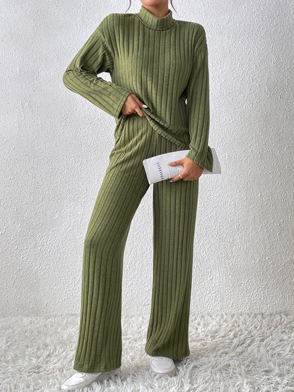 Damen Fleece Sweatshirt & Jogger Set – Weiches High-Neck Oberteil mit Rippstruktur & Locker geschnittene Straight-Leg Hose – Schwarzes Cozy Lounge Set für Herbst & Winter