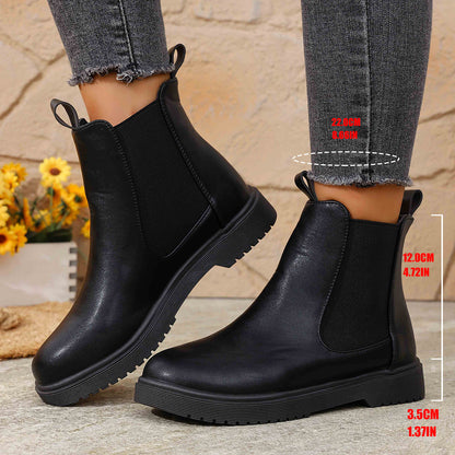 Damen Schwarze Chunky Ankle Boots mit niedrigem Blockabsatz – Rutschfeste dicke Gummisohle, Glänzende Moccasin-Spitzzehen, Winterstiefel mit schmalem Bein