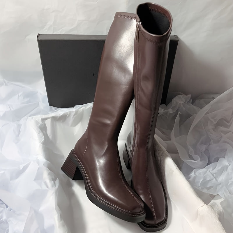 Damen Chunky Mid-Heel Stiefel – Slip-On mit synthetischem Obermaterial & rutschfester Gummisohle – Elegante schwarze Boots für formelle Anlässe, Partys & Alltag – Ganzjahres-Schuhwerk mit stylischem Design