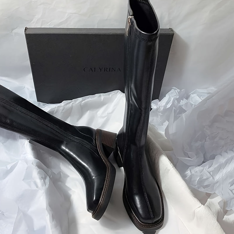 Damen Chunky Mid-Heel Stiefel – Slip-On mit synthetischem Obermaterial & rutschfester Gummisohle – Elegante schwarze Boots für formelle Anlässe, Partys & Alltag – Ganzjahres-Schuhwerk mit stylischem Design