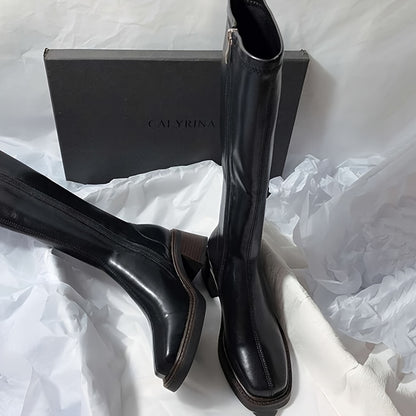 Damen Chunky Mid-Heel Stiefel – Slip-On mit synthetischem Obermaterial & rutschfester Gummisohle – Elegante schwarze Boots für formelle Anlässe, Partys & Alltag – Ganzjahres-Schuhwerk mit stylischem Design