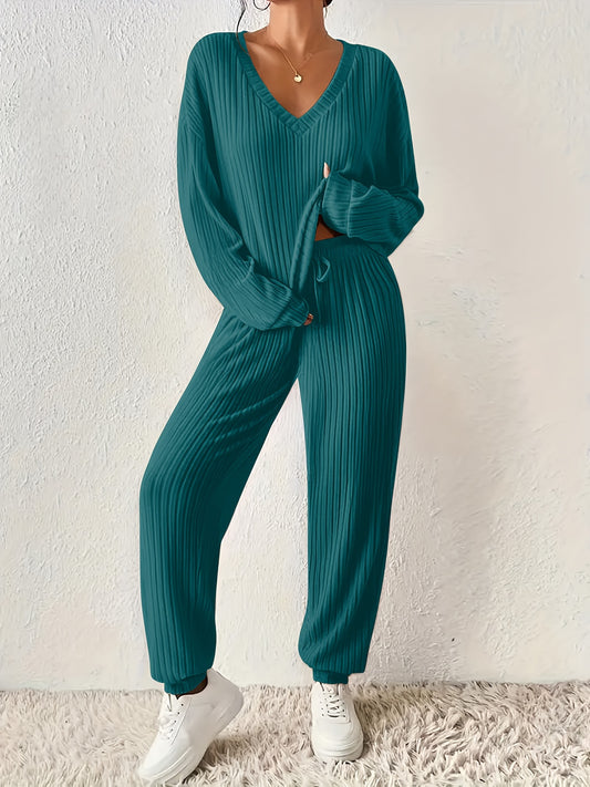 Women'S Elegant V-Neck Long Sleeve Pantsuit - Solid Color Casual to Formal Outfit, All-Season Comfort, Easy-Care, Perfect for Office, Parties, Or Casual Attire, Party Attire, Sophisticated Style, Comfortable Fit, Stylish Wome