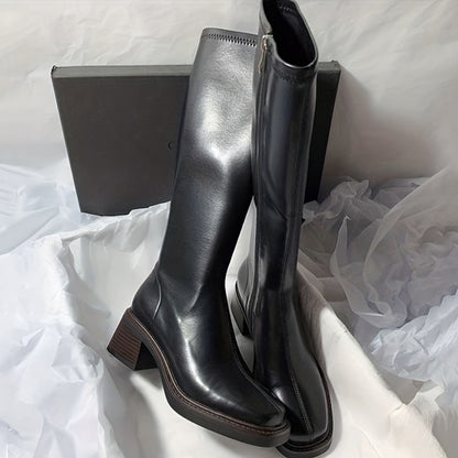 Damen Chunky Mid-Heel Stiefel – Slip-On mit synthetischem Obermaterial & rutschfester Gummisohle – Elegante schwarze Boots für formelle Anlässe, Partys & Alltag – Ganzjahres-Schuhwerk mit stylischem Design