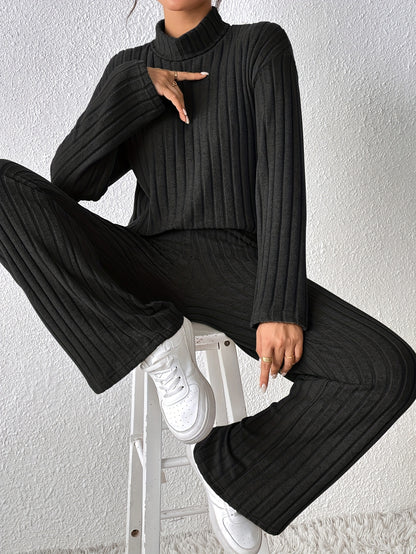 Damen Fleece Sweatshirt & Jogger Set – Weiches High-Neck Oberteil mit Rippstruktur & Locker geschnittene Straight-Leg Hose – Schwarzes Cozy Lounge Set für Herbst & Winter