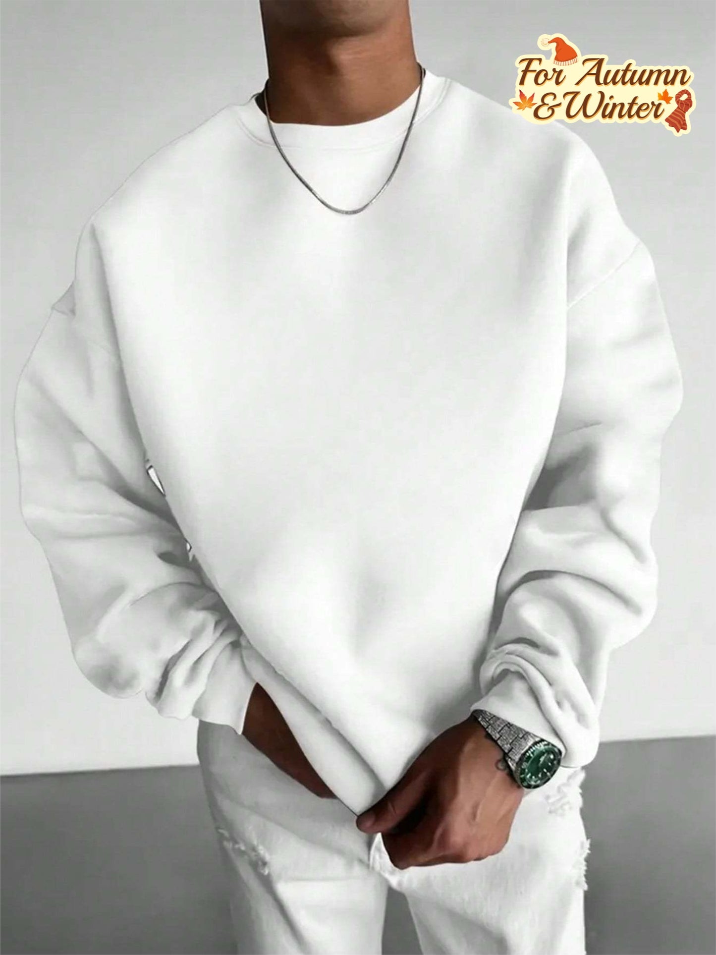 Herren Sweatshirt mit Rundhalsausschnitt – Lockerer Langarm-Pullover, Weicher Alltags-Sweater für Herbst/Winter, Weißes Basic für die Garderobe, Herbst-Winter-Bekleidung, Bequeme Kleidung