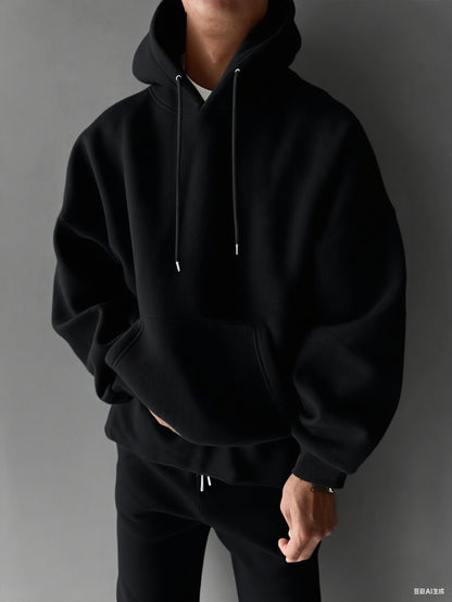 Herren Fleece Hoodie – Schwerer Winter-Kapuzenpullover mit Brusttasche, Lockerer Oversize-Fit, Warmes Dickes Material, Grau/Weiß, Maschinenwaschbar – Casual Hoodie für Kalte Tage