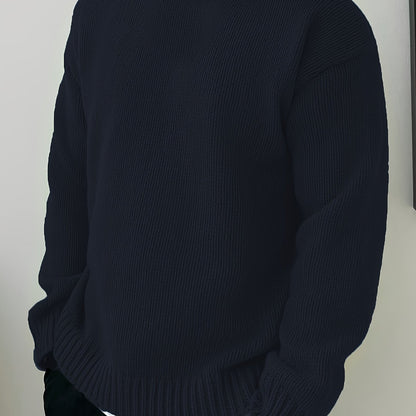 Herren Pullover mit Rundhalsausschnitt – Lockerer Strickpullover in Uni-Farbe für Herbst und Winter, Leicht Elastisch, Bequeme Passform