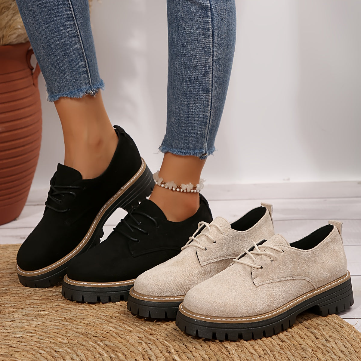 Damen Slip-On Mokassin-Loafer mit Chunky Plateau – Bequeme All-Season Schuhe mit Schnürband-Optik, Rund- bis Spitzzehen, Gummisohle – Casual & Semi-Formal (Schwarz, Beige, Braun, Navy, Grau)