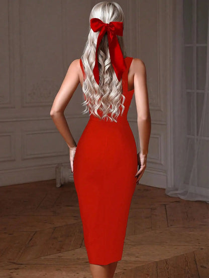 Fashion Sexy Elegant Spaghetti Strap V Neck Midi Bodycon Dress Summer Crystal Embellished Bandage Dress Red Evening Cocktail