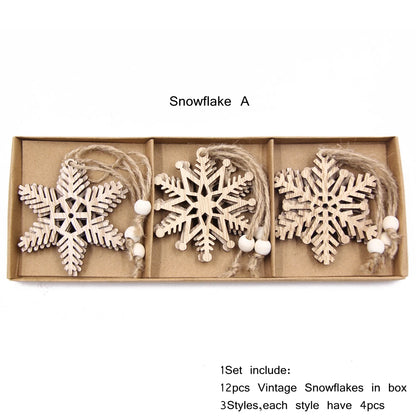 12er-Set Vintage-Holz Schneeflocken – Hohle Weihnachtsanhänger zum Aufhängen, DIY-Bemalung, Baumdekoration & Geschenkbox