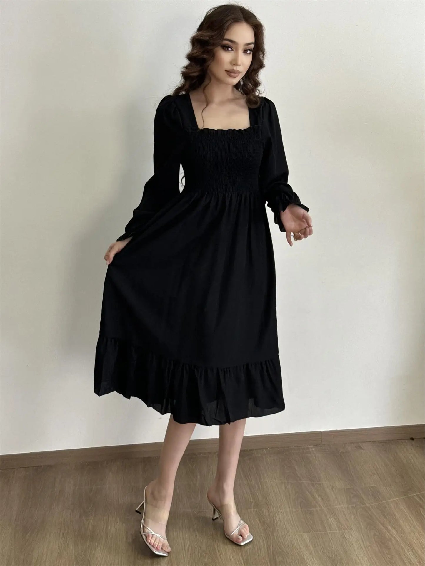 Autumn Spring Casual Dress Women Chiffon Dresses Long Sleeve A-line Printed Floral Elastic Chest Lace Up Midi Dresses Vestidos
