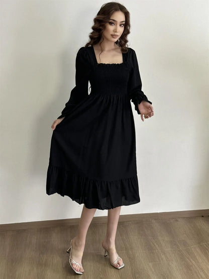 Autumn Spring Casual Dress Women Chiffon Dresses Long Sleeve A-line Printed Floral Elastic Chest Lace Up Midi Dresses Vestidos