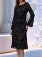 Women's Long Flared Sleeve round Neck Black Floral Lace Elegant Midi Dress Spring Summer Fashionable Casual Maxi Gown