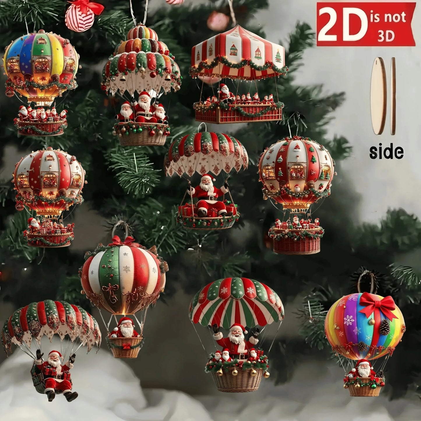 10 Stück Weihnachts-Heißluftballon Holzanhänger – 2D flache Weihnachtsmann-Dekoration, Weihnachtsbaum-Ornamente, perfekte Geschenke für die Feiertage
