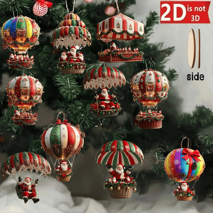 10 Stück Weihnachts-Heißluftballon Holzanhänger – 2D flache Weihnachtsmann-Dekoration, Weihnachtsbaum-Ornamente, perfekte Geschenke für die Feiertage
