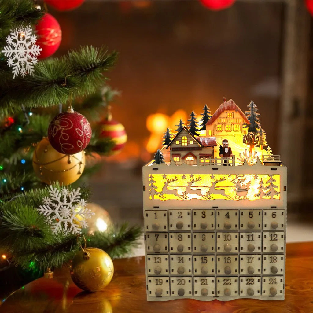 Weihnachts-Adventskalender aus Holz, wiederverwendbar, 24 Tage, Countdown-Dekoration, abnehmbare Schubladen, Box, Tischplatte, DIY-Countdown-Kalender