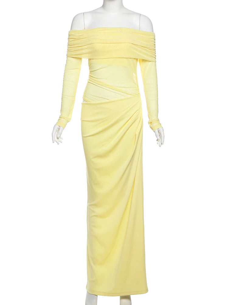 Nibber Sexy Dress Women 2025 Spring Patchwork Mesh Elegant Slash Neck Ruched Fit Chic Birthday Party Festival Vacation Vestidos