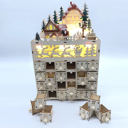 Weihnachts-Adventskalender aus Holz, wiederverwendbar, 24 Tage, Countdown-Dekoration, abnehmbare Schubladen, Box, Tischplatte, DIY-Countdown-Kalender