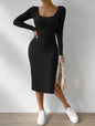 Women's Plain Split Thigh Ribbed Bodycon Dress, Casual Long Sleeve Scoop Neck Midi Dress for Fall and Winter, Women's Clothing