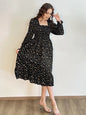 Autumn Spring Casual Dress Women Chiffon Dresses Long Sleeve A-line Printed Floral Elastic Chest Lace Up Midi Dresses Vestidos