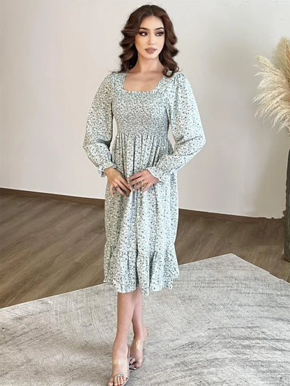 Autumn Spring Casual Dress Women Chiffon Dresses Long Sleeve A-line Printed Floral Elastic Chest Lace Up Midi Dresses Vestidos