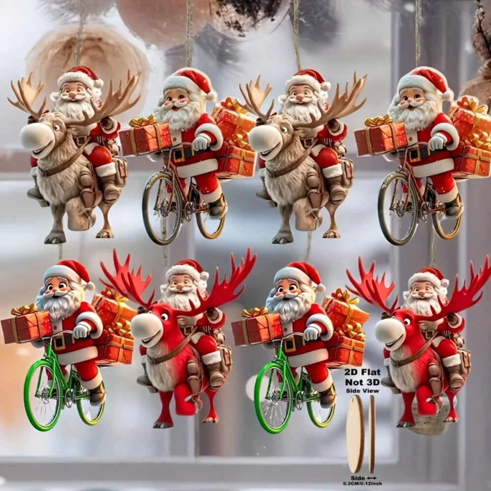 8/16/24PCS Weihnachten Holz Fahrrad Santa Claus 2D Flache Anhänger Weihnachten Baum Dekoration Urlaub Geschenk Weihnachten ornamente Wohnkultur
