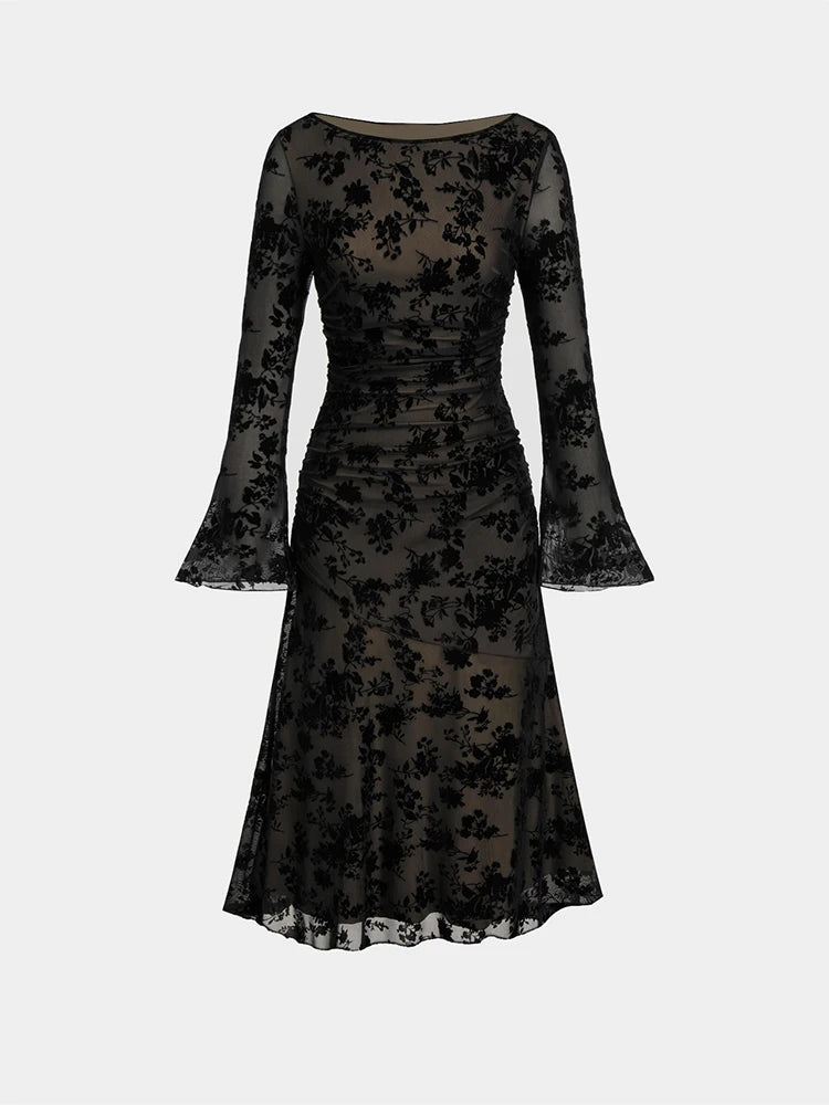 Women's Long Flared Sleeve round Neck Black Floral Lace Elegant Midi Dress Spring Summer Fashionable Casual Maxi Gown
