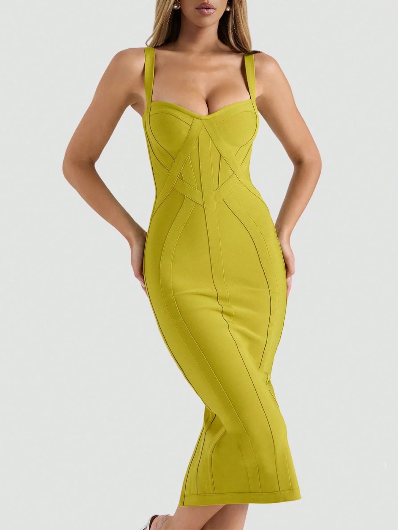 THE ERA Women's Fashion Spring Summer Sexy Elegant Spaghetti Strap Green Midi Ribbed Slit Bodycon Bandage Dress Party Cocktail
