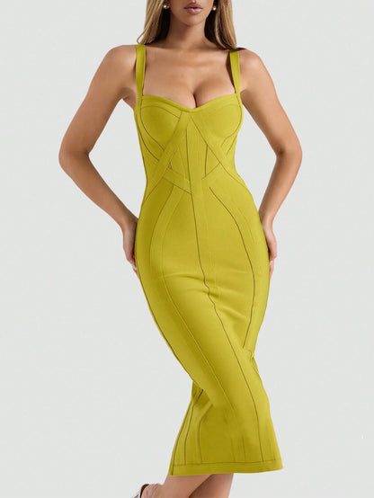 THE ERA Women's Fashion Spring Summer Sexy Elegant Spaghetti Strap Green Midi Ribbed Slit Bodycon Bandage Dress Party Cocktail