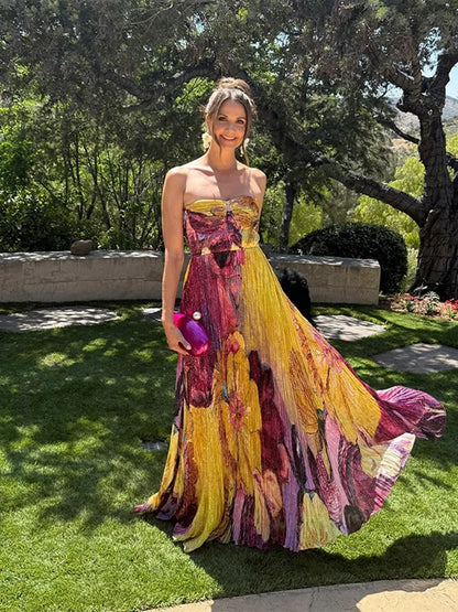 Elegant Printed Long Party Dress Women Strapless Sleeveless Backless Slim Sling Pleated Dresses 2025 Summer Lady Party Robes New