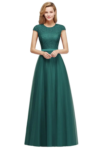 A-line Sash Scoop Neckline Short Lace Short Sleeves Elegant Dresses For Women Floor-length Dresses For Special Events Prom