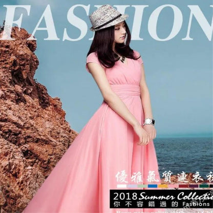 Women's Short-Sleeved Chiffon Evening Dress, Female Party Dress, Monochromatic, Bohemian, Long, Elegant, New, 2022